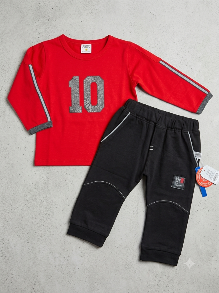 Baby Boy Sports Tracksuit Set (Size 2) - Red Full Sleeve T-Shirt with Glitter