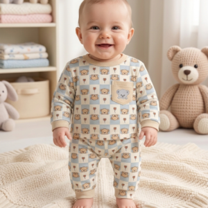 Cute Teddy Bear Print Baby Suit - 2 Piece Long Sleeve T-Shirt and Trouser Set