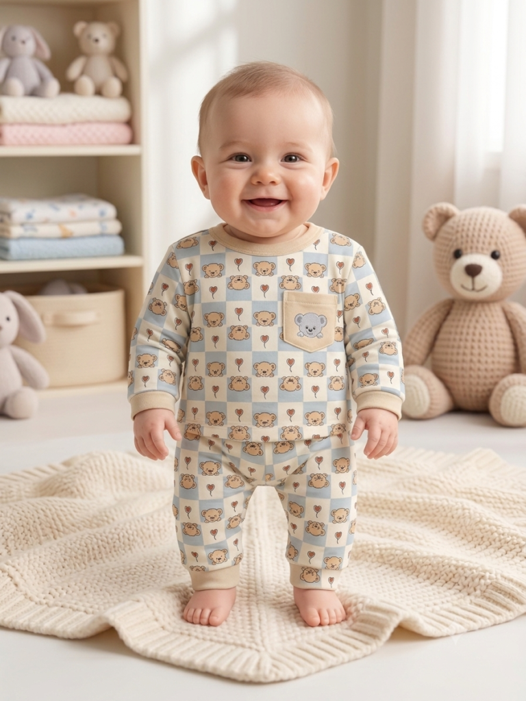 Cute Teddy Bear Print Baby Suit - 2 Piece Long Sleeve T-Shirt and Trouser Set