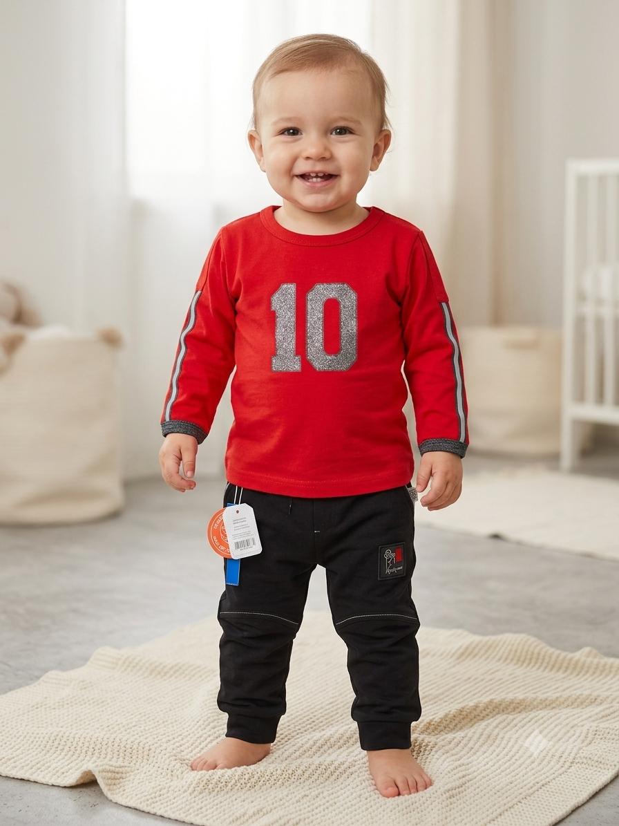 Baby Boy Sports Tracksuit Set (Size 2) - Red Full Sleeve T-Shirt with Glitter - Image 2